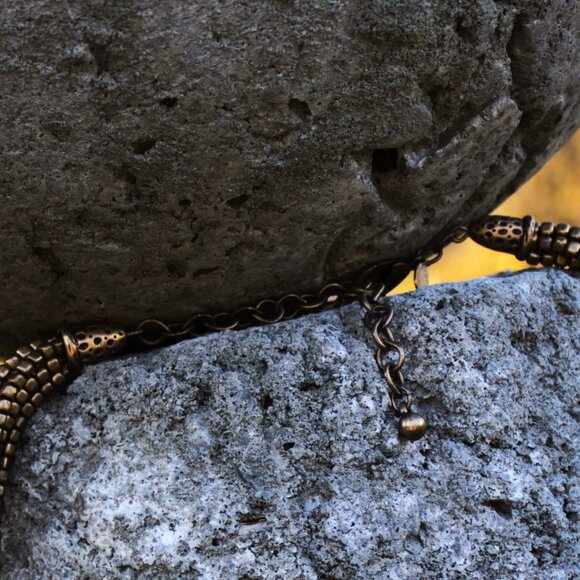 CHICO'S Multi-Strand Hammered Brass Bead Bib Necklace. - Picture 9 of 9
